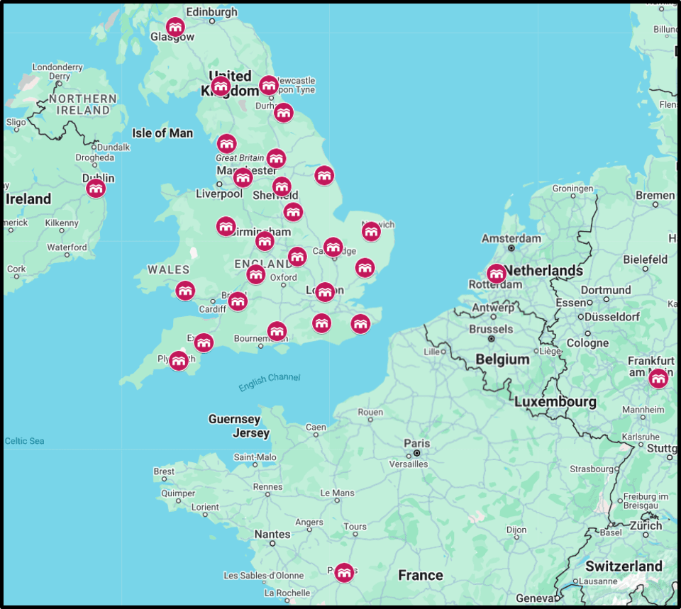 Map showing Instant Build project locations across the UK and Europe